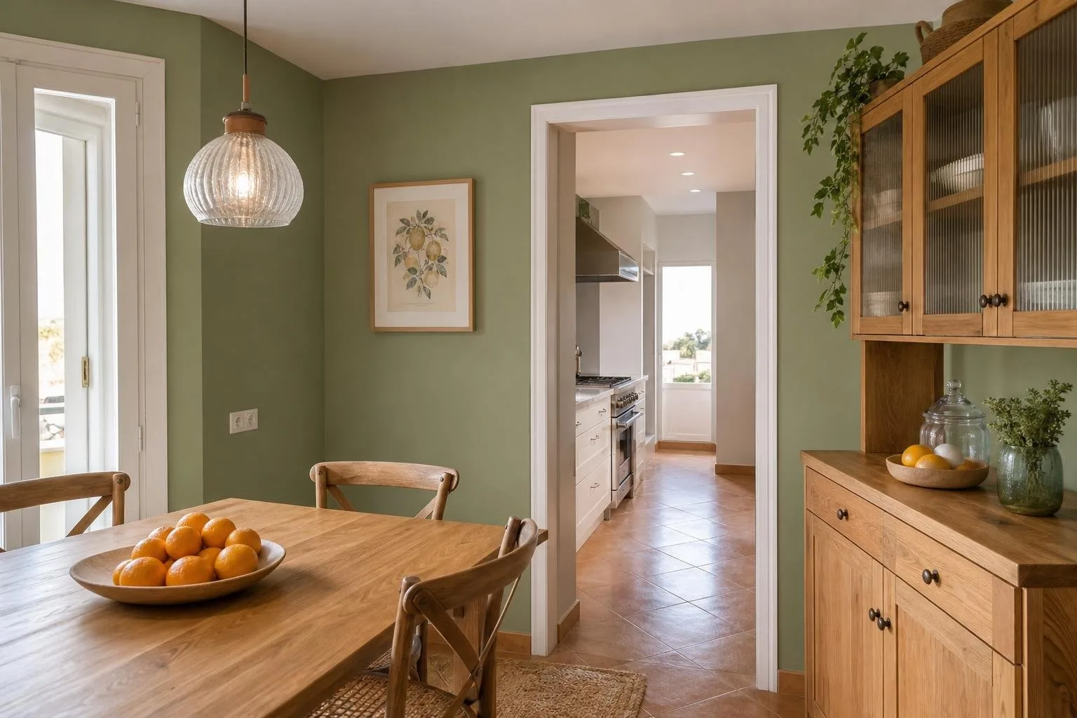 Cocina con paredes en verde salvia y muebles de madera