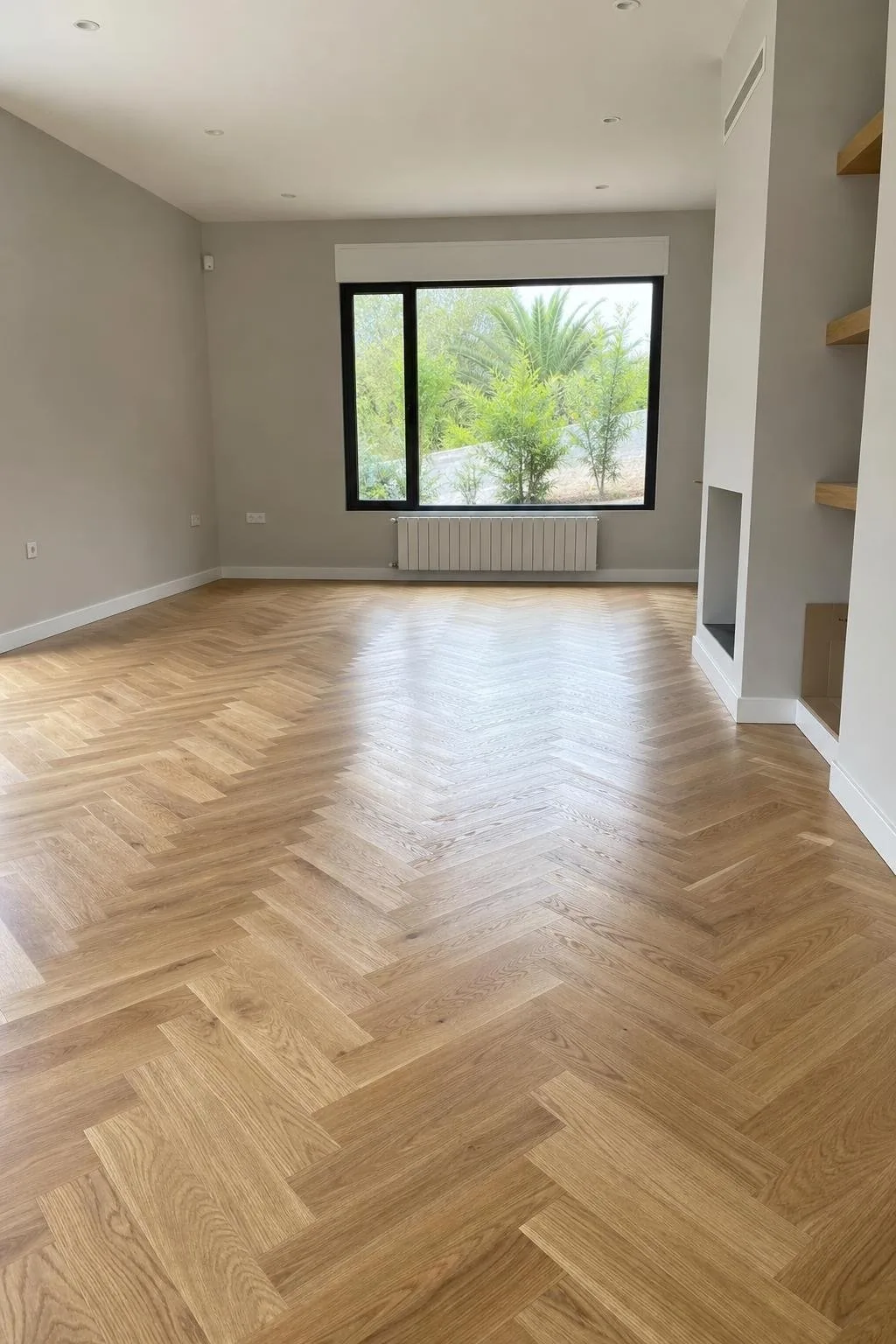 Salón con parquet de roble en espiga recién colocado