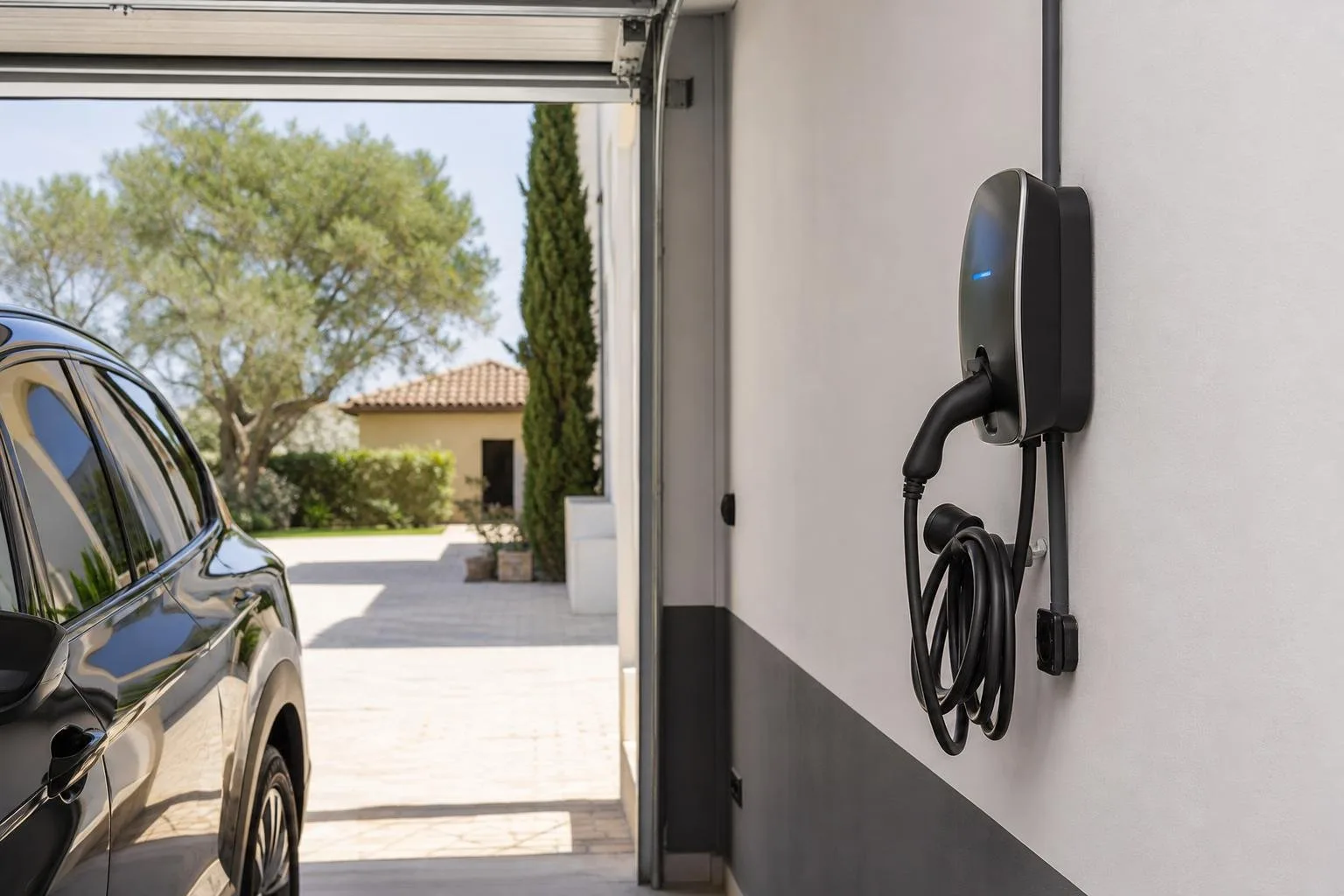 Cargador de coche eléctrico instalado en un garaje