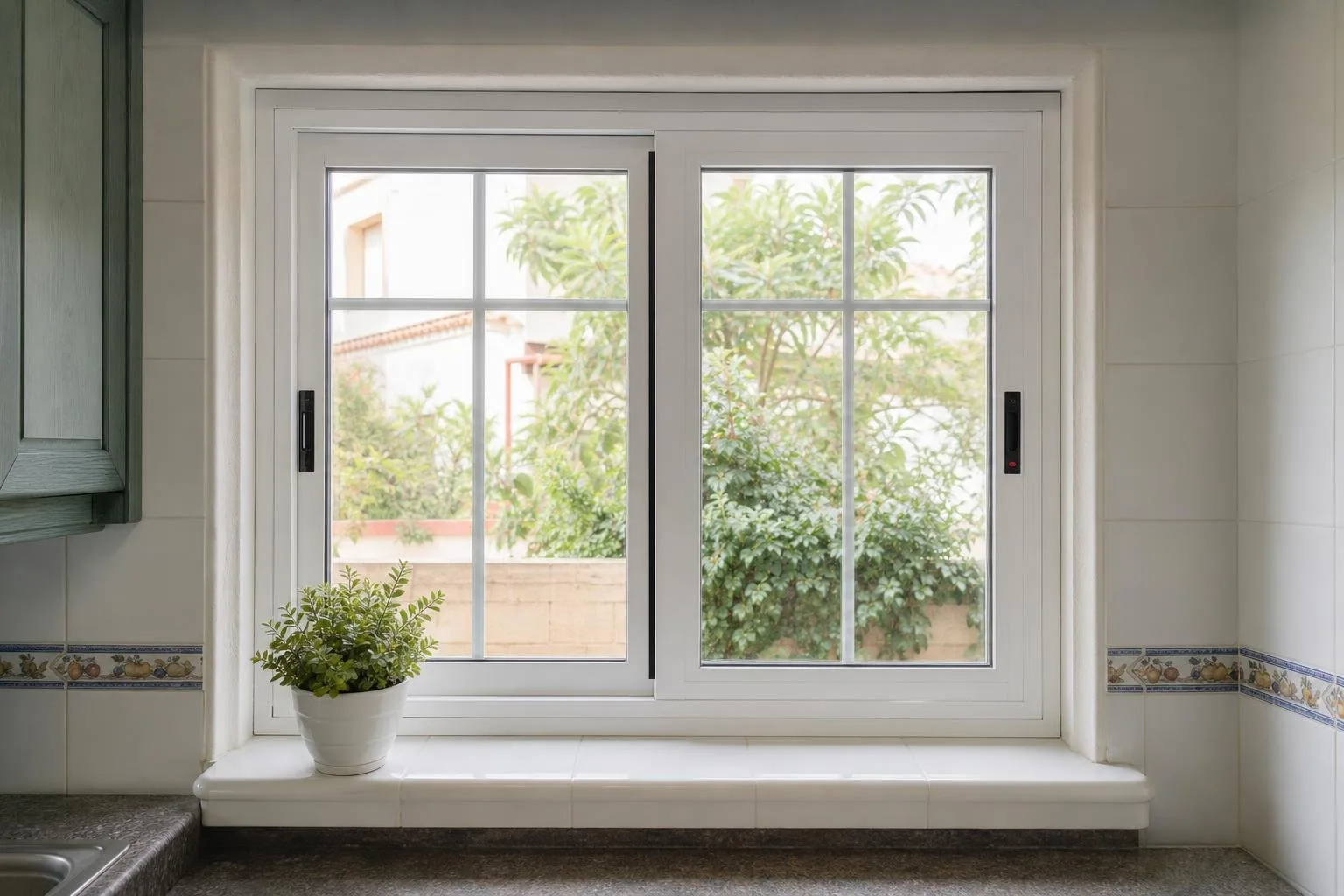 Ventana de PVC blanca en una cocina