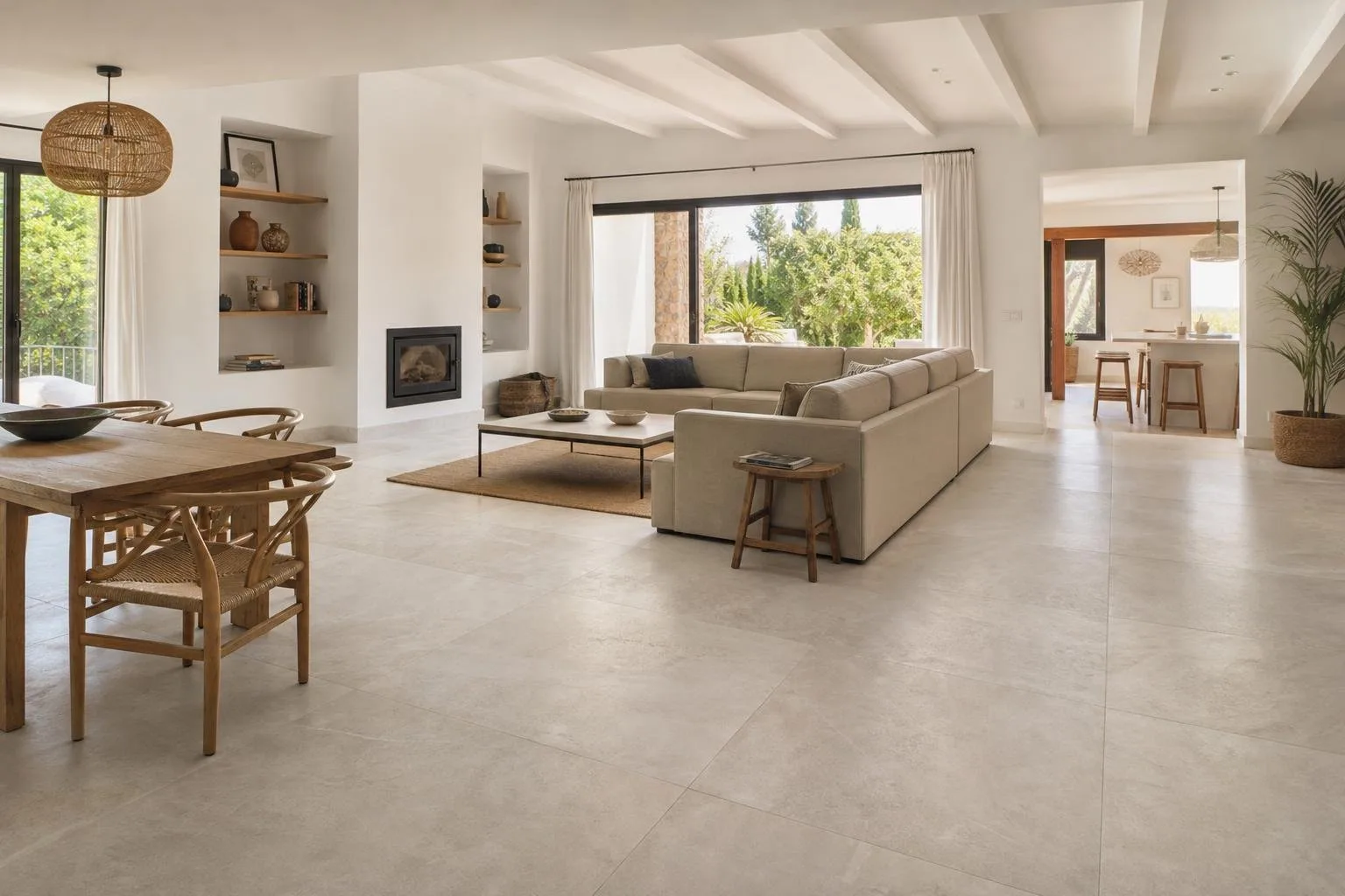 Salón con suelo porcelánico de gran formato