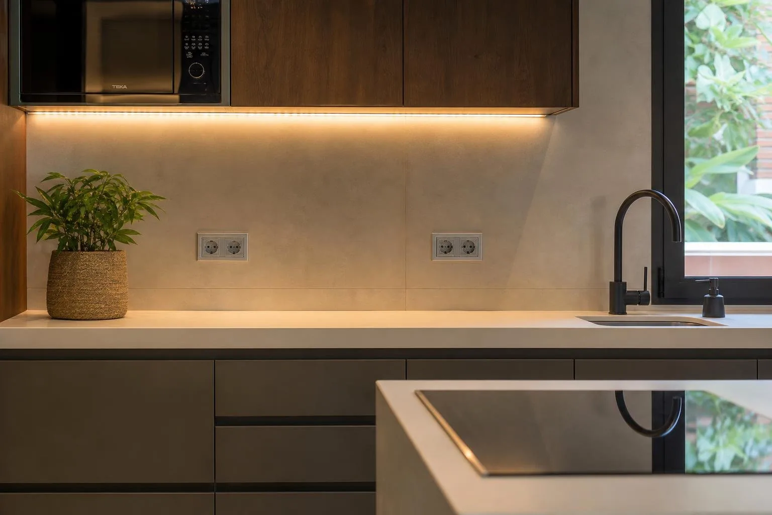 Cocina con tira LED bajo los muebles altos