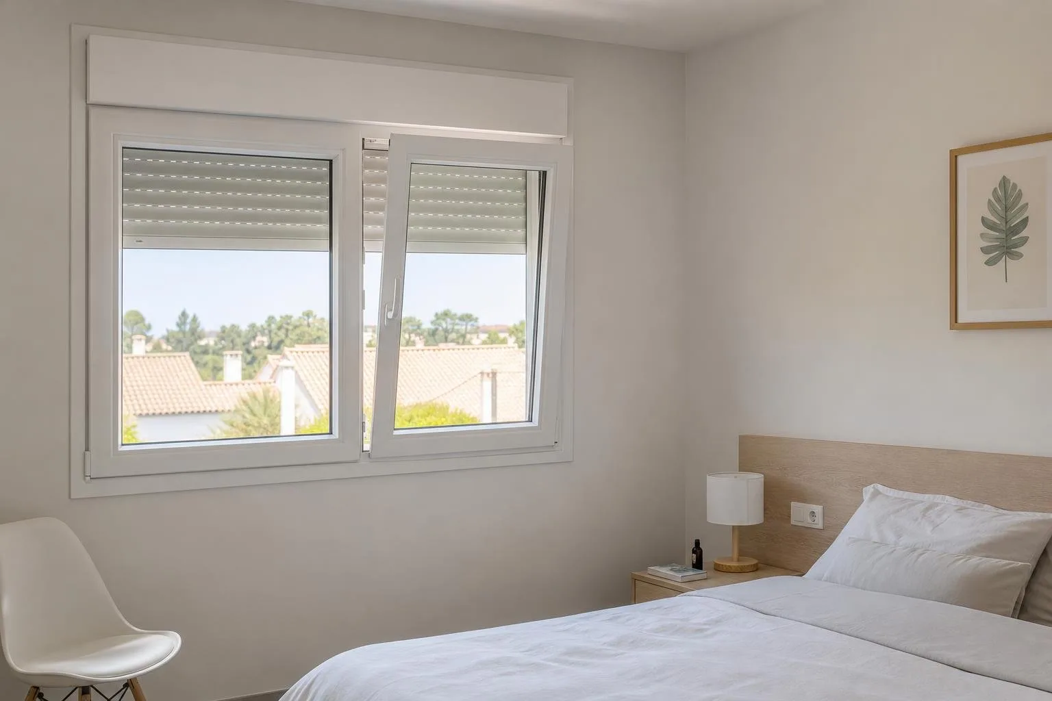 Ventana oscilobatiente de PVC blanca en un dormitorio