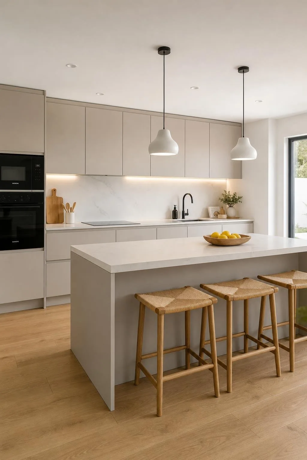 Cocina abierta reformada con isla y encimera de cuarzo