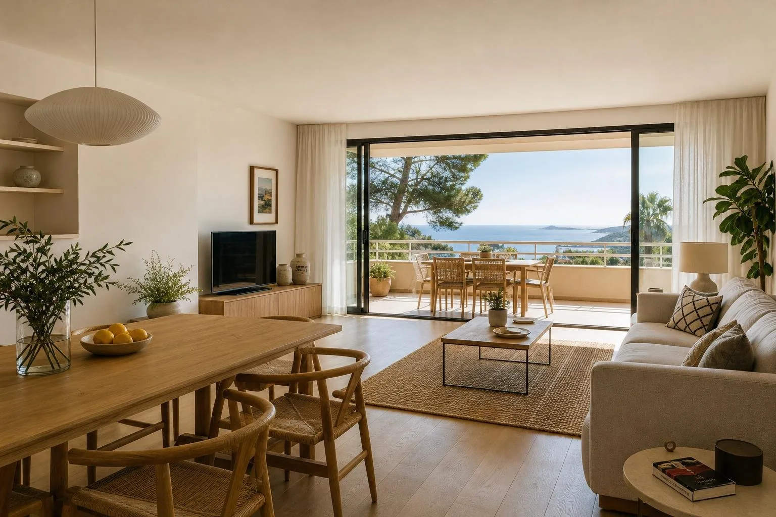 Salón comedor reformado con balcón y vistas al mar