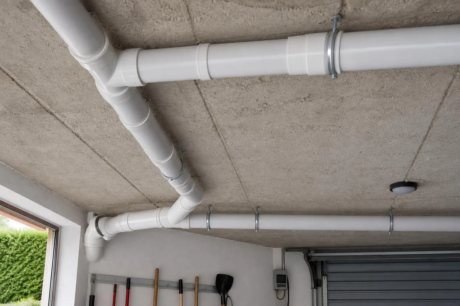 Tuberías de PVC de desagüe en el techo de un garaje