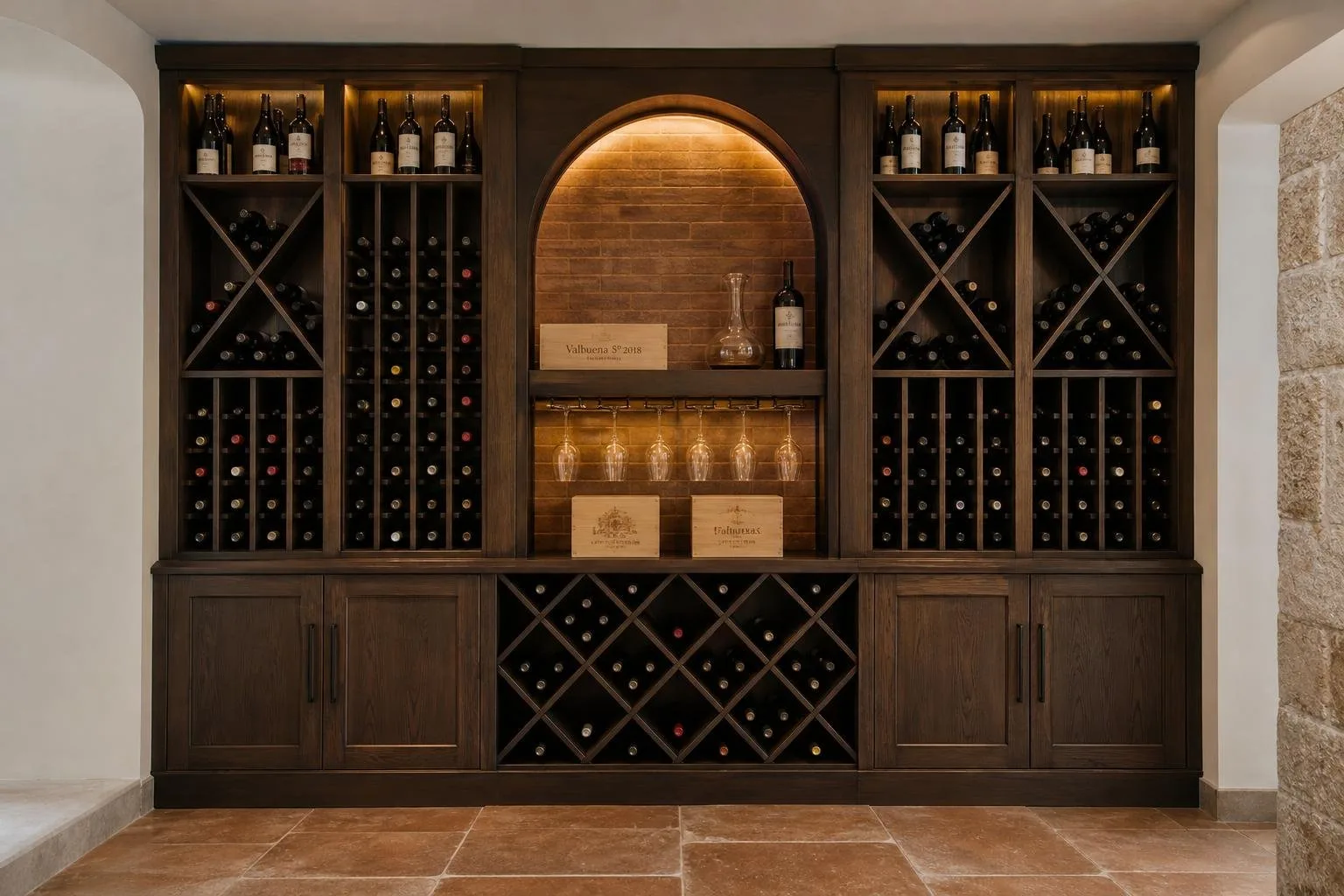 Vinoteca empotrada a medida en madera oscura