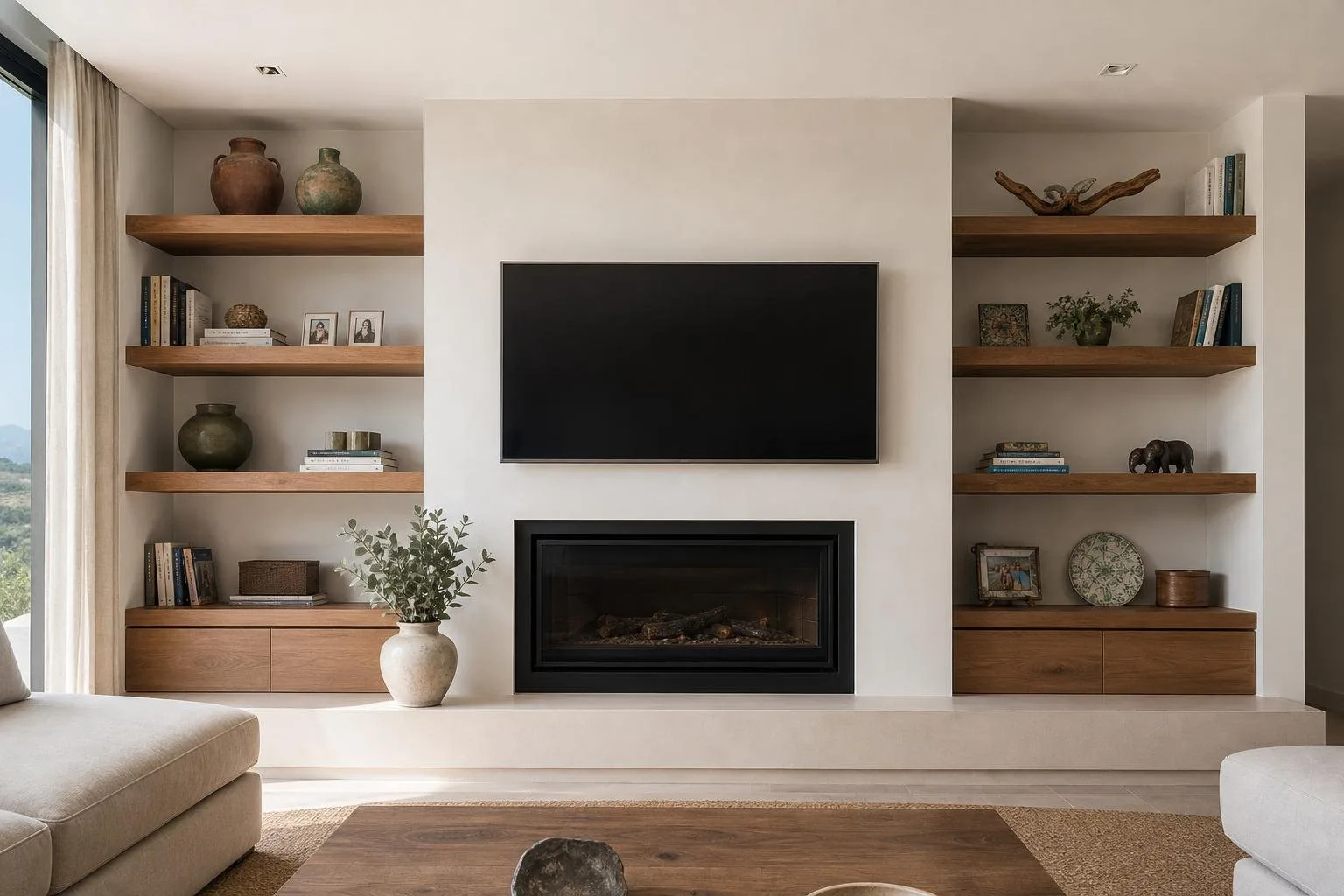 Chimenea integrada en mueble de madera a medida